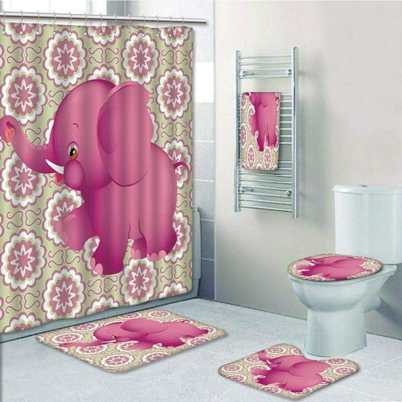 PRTAU Elephant Floral Wild Life African Animal Zoo 5 Piece Bathroom Set Shower Curtain Bath Towel Bath Rug Contour Mat and Toilet Lid Cover
