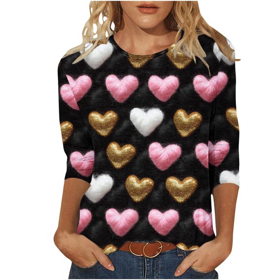 Ltctricy Valentine's Day Shirts for Women Cute Fashion 3/4 Sleeve Crewneck Tops for Gifts Casual Comfy Pullover Blouse