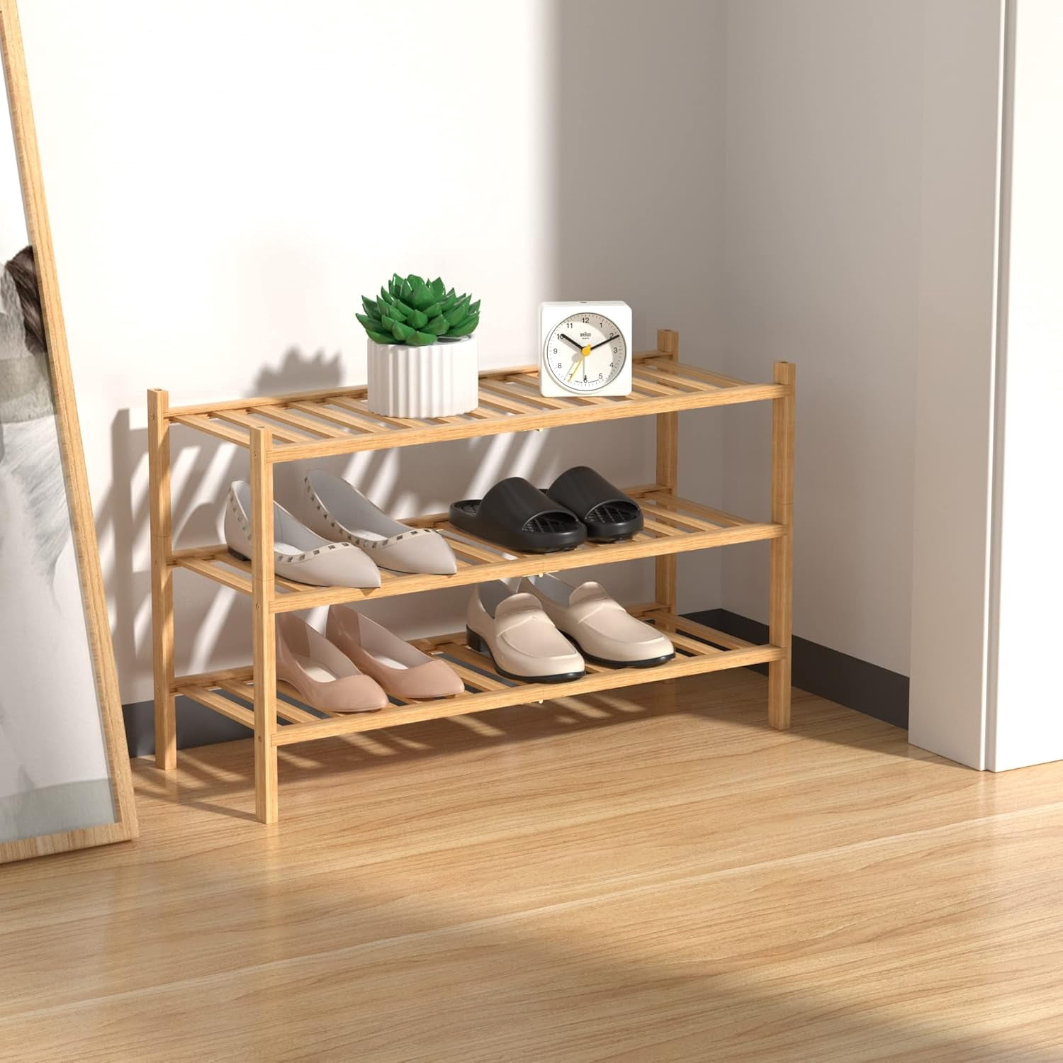 Bamboo 3 Tier Shoe Rack Wood Shoe Shelf Storage Organizer for Closet, Entryway, Small Space & Front Door Entrance Free Standing Stackable 27"x11"x20" (68.58cm x 27.94cm x 50.8cm) (Natural)