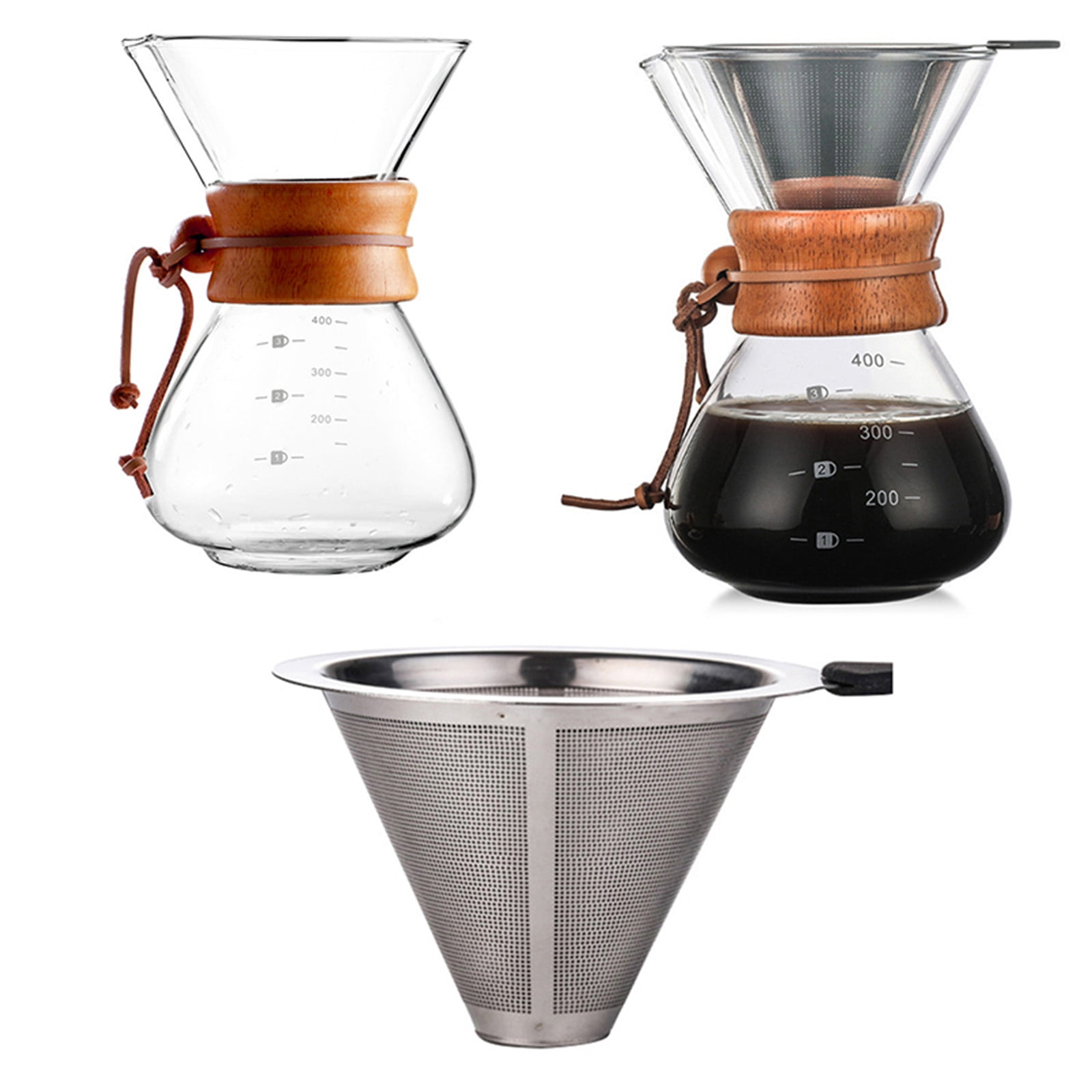Pour Over Coffee Maker with Stainless Steel Filter, Borosilicate Glass Carafe Manual Coffee Dripper Brewer with Handle, No Paper Filters Needed Hand