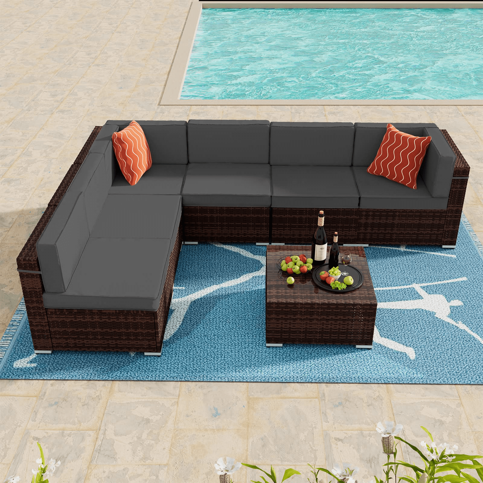 Amopatio 7 Pieces Patio Conversation Set, Outdoor Sectional PE Rattan Wicker Furniture Seat,Grey
