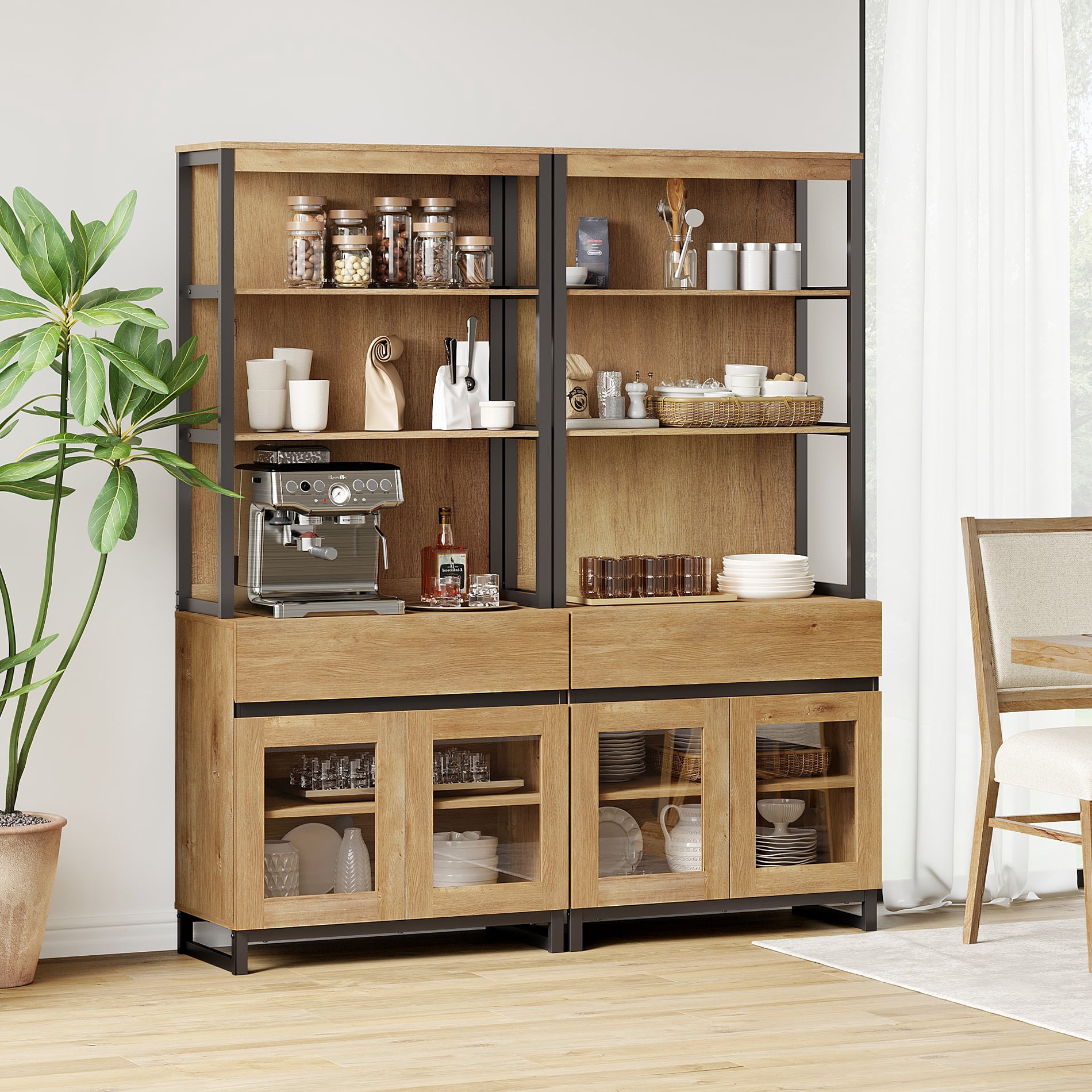 WAMPAT Home Office Furniture Set: 59in Modern Executive Desk with Charging Station & Drawers and Two 72in Tall Bookcases with Storage Cabinet, Home Office Furniture for Living Room, Oak