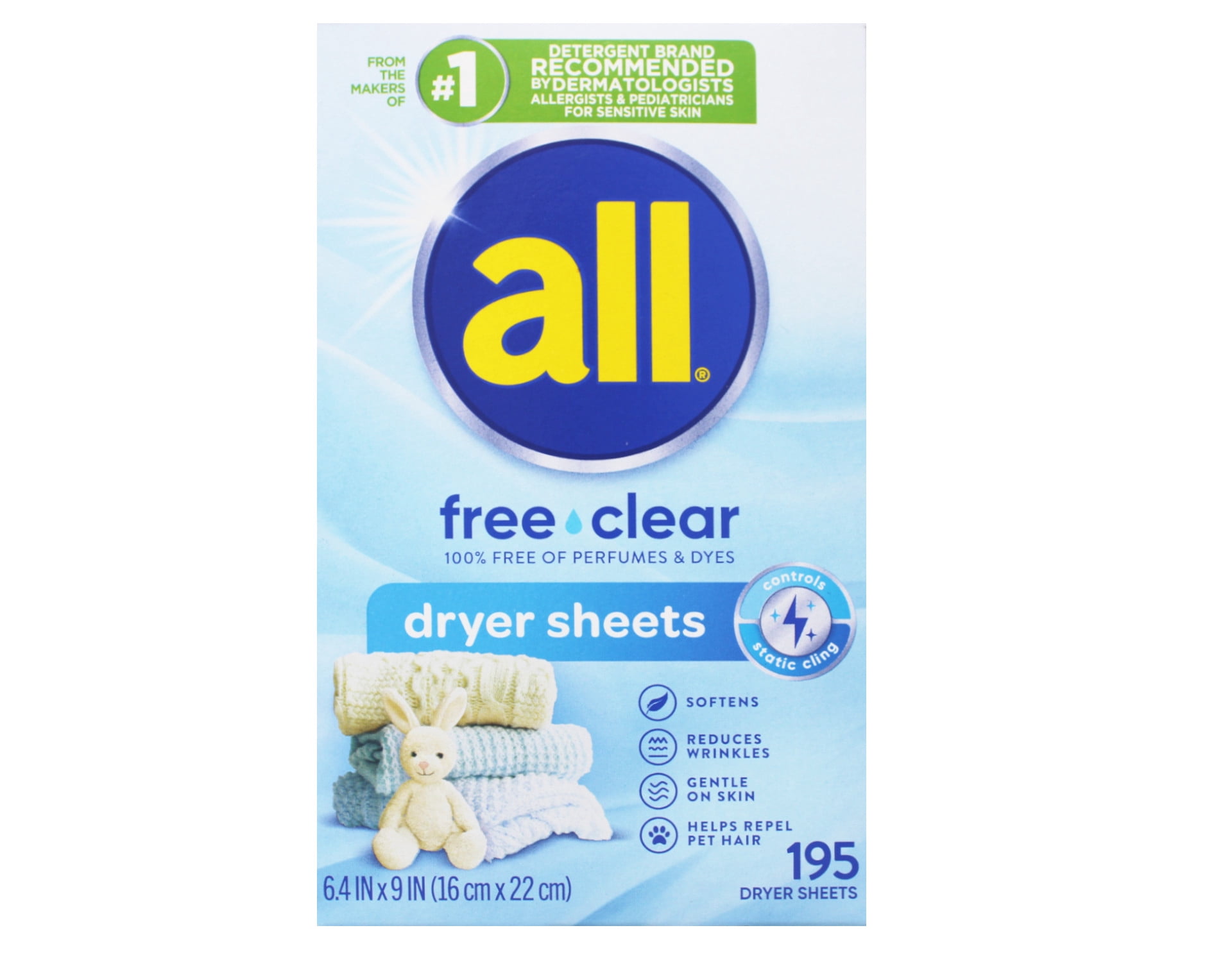 all Fabric Softener Dryer Sheets for Sensitive Skin, Free Clear, 195 Count - 6 Pack