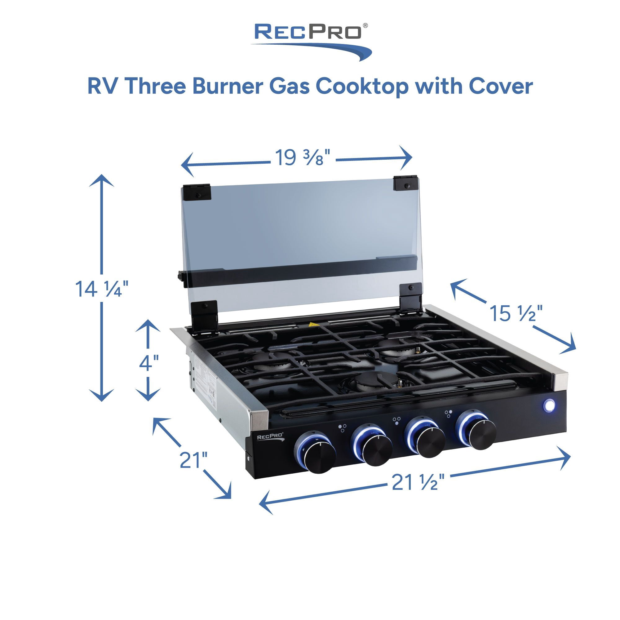 RecPro RV Built In Gas Cooktop | 2 Burner or 3 Burner | RV Cooktop Stove | 6,500 and 8,000 BTU Burners | Cover Included (Black, 3-Burner)
