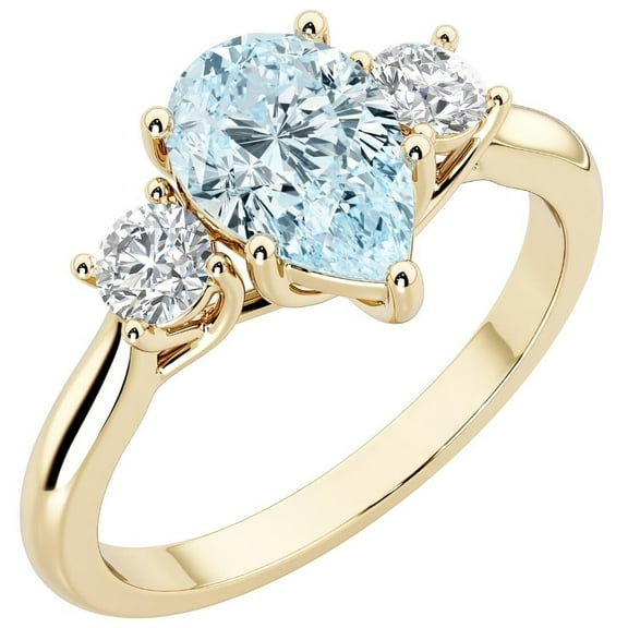 PEORA 14K Yellow Gold Pear Shape Aquamarine and Lab Grown Diamond 3 Stone Trellis Ring, 1.30 Carats total, Size 9