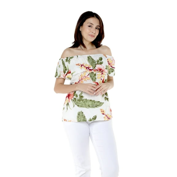 Women's Hawaiian Off-Shoulder Ruffle Muumuu Top in Cream Rafelsia M