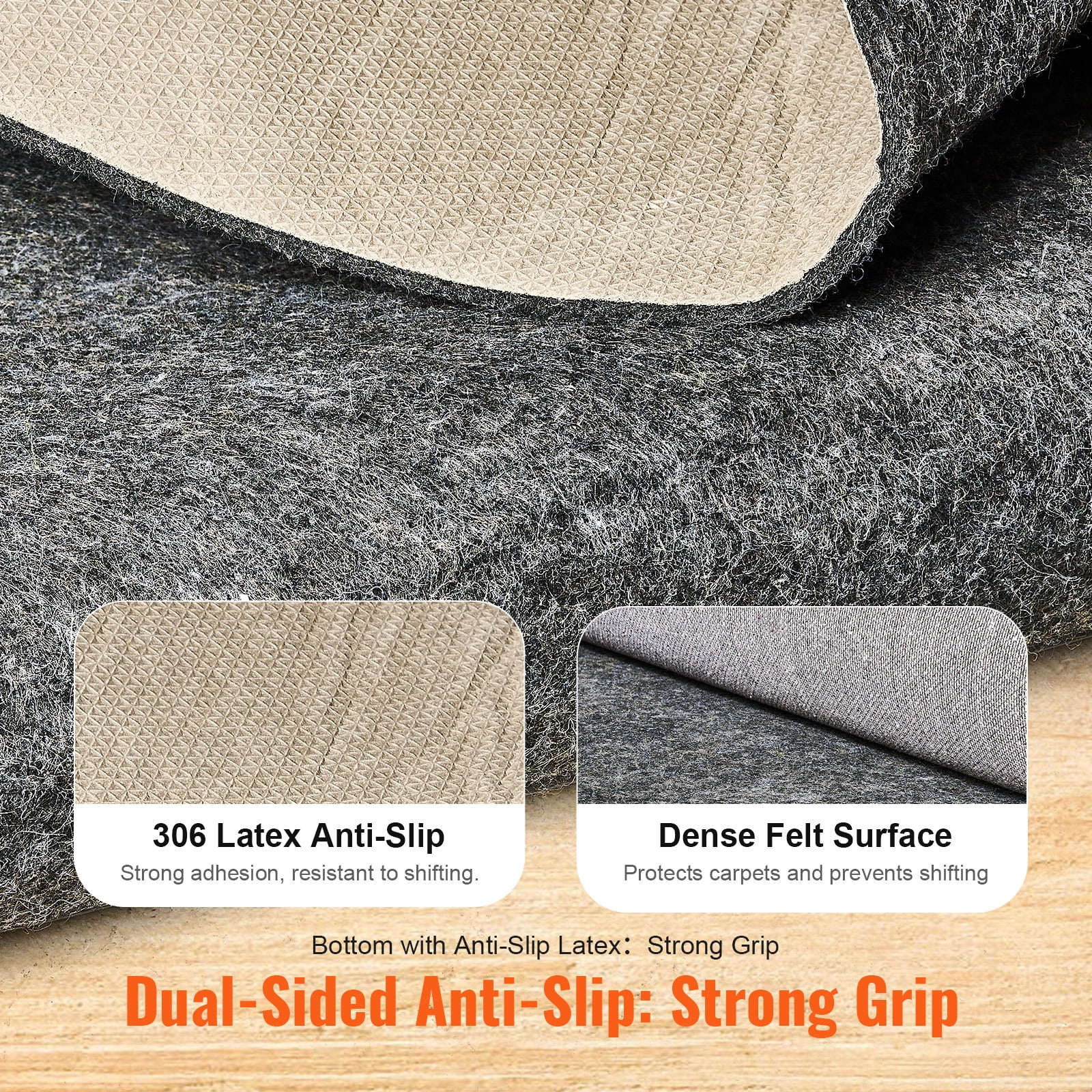 KFFKFF Non-Slip Rug Pad - Durable Cushioning Carpet Pad - 9' x 12' - 1/4" Thick - Dual-Sided Design - Polyester Felt + Latex - Gray - Suitable for 10-11㎡ Area - Floor-Safe Rug Cushion