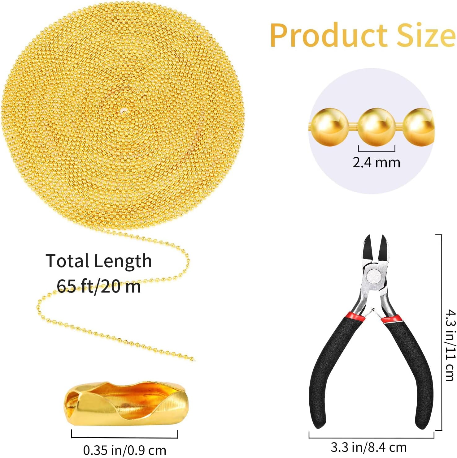 65 ft Ball Necklace Chains, 2. 4mm Bead Link Dog Tag Chain Roll with 40 Ball Connectors and Plier for Necklace Hanging Ornament Key Chain Dog Pet Tags(Gold)