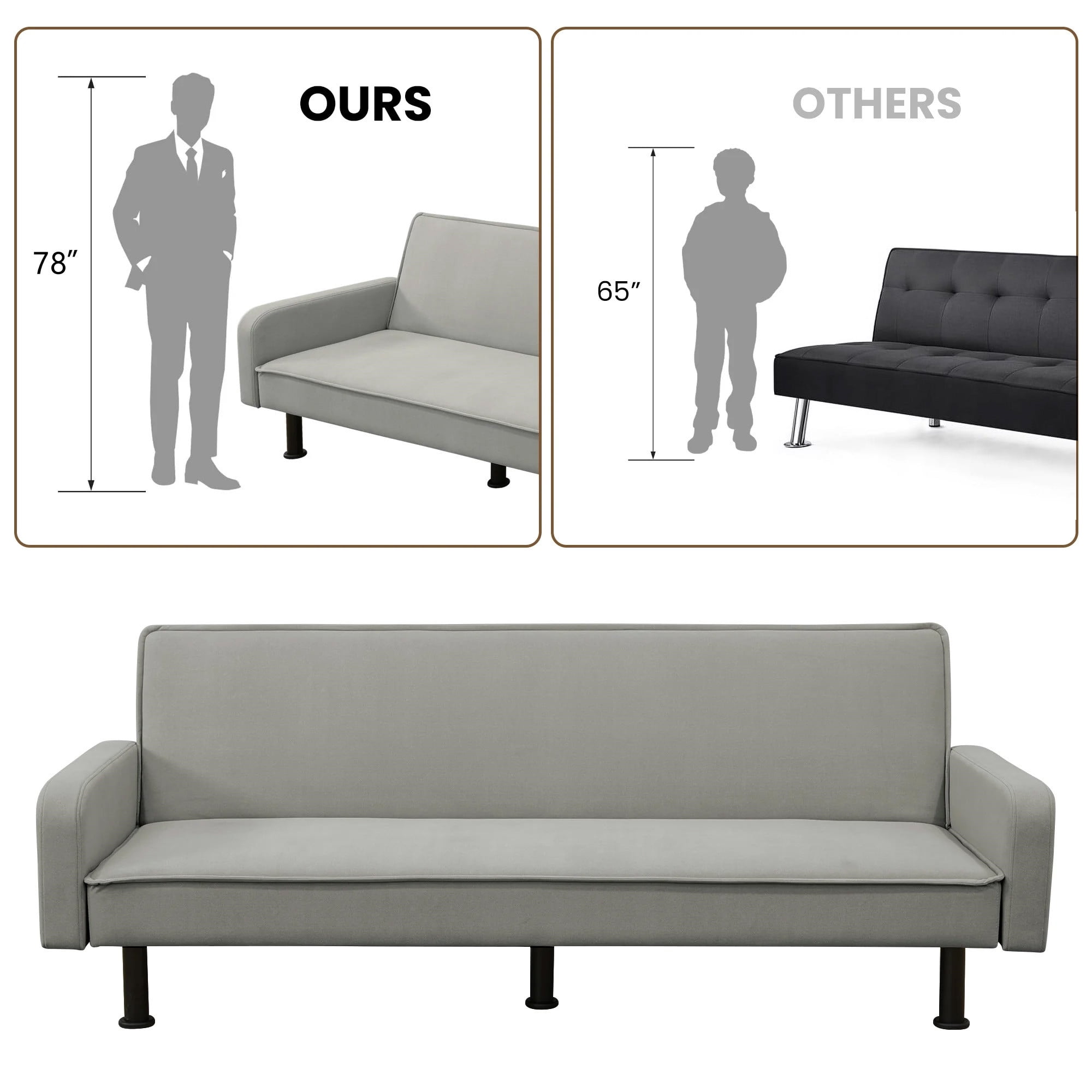 Aukfa 78" Futon Sofa Bed Upholstered 3 Seat Couch for Home Office, Flannel, Gray