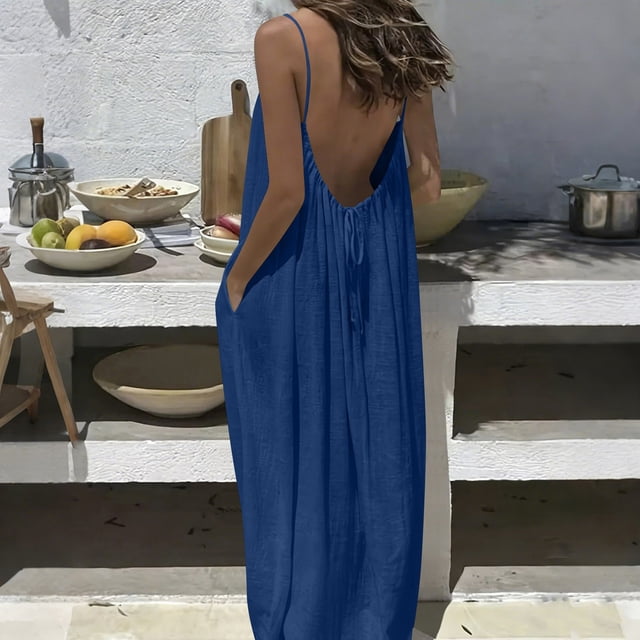 TaTaai Ladies Casual Loose Fit Backless Maxi Dress Solid Color Sleeveless Round Neck Loungewear with Pockets Gift