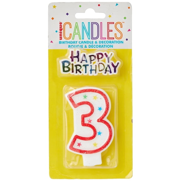 Glitter Number 3 Birthday Candle & Happy Birthday Cake Topper