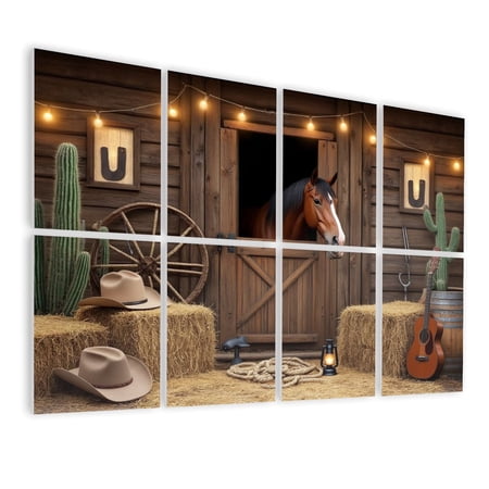 8 Pack Art Acoustic Panels Sound Absorbing Western Cowboy Barn Western Theme Wooden Barn Horse Cowboy Hats Guitar Decorative Soundproof Wall Panels Self Adhesive for Bedroom Living Room 48 x32