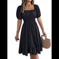 thumbnail image 2 of Vestido Corto Bohemio de Verano para Mujer, con Escote Cuadrado, Mangas Abullonadas, Hombros Descubiertos, Fruncido, Informal, de Corte A, con . Negro XL, 2 of 10