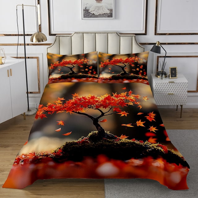 Ensemble de Couvre-Lit Taille Simple Maple, Ensemble de Lit Récolte d'Automne pour Enfants Adultes Adolescents, Ensemble de Couvre-Lit Feuilles d'Arbre Herbe, Ensemble de Literie Action de Grâce Nature avec 1 Taie d'Oreiller Décoration de Chambre