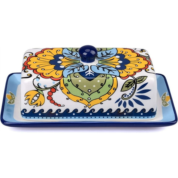 Hand Drawn Ceramic Butter Dish with Lid, Farmhouse Butter Plate Tray with Cover, Vintage Cheese Container Holder for Kitchen Countertop, Decorative Colored Country Style Home Butter Keeper Saver