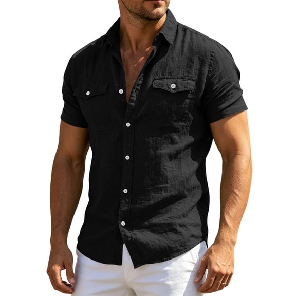 LODIENY Mens Short Sleeve Work Shirts with Two Pockets Cotton Linen Button Down Collared Casual Shirt Western Summer Basic Fit Tops Black S