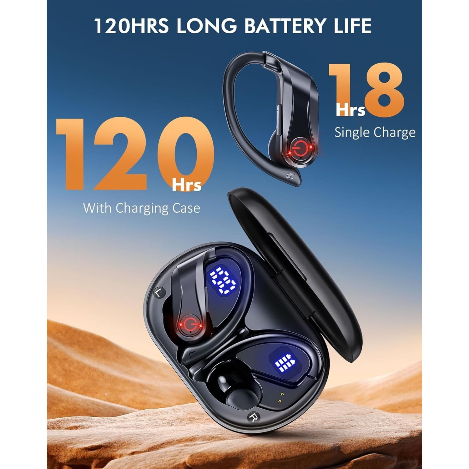 Wireless Earbuds Bluetooth 5.3 Sport Ear Buds Wireless Headphones 120H Playtime, Over-Ear Stereo Bass Ear Phone Built-in Microphone with Earhooks, IPX7 Waterproof, Dual Power Display for Sport
