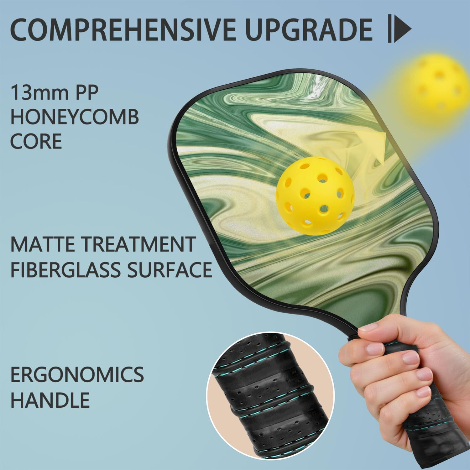 Pickleball Paddles Set Of 2, Fiberglass Surface, Liquid & Marble Print, 4 Balls & Bag