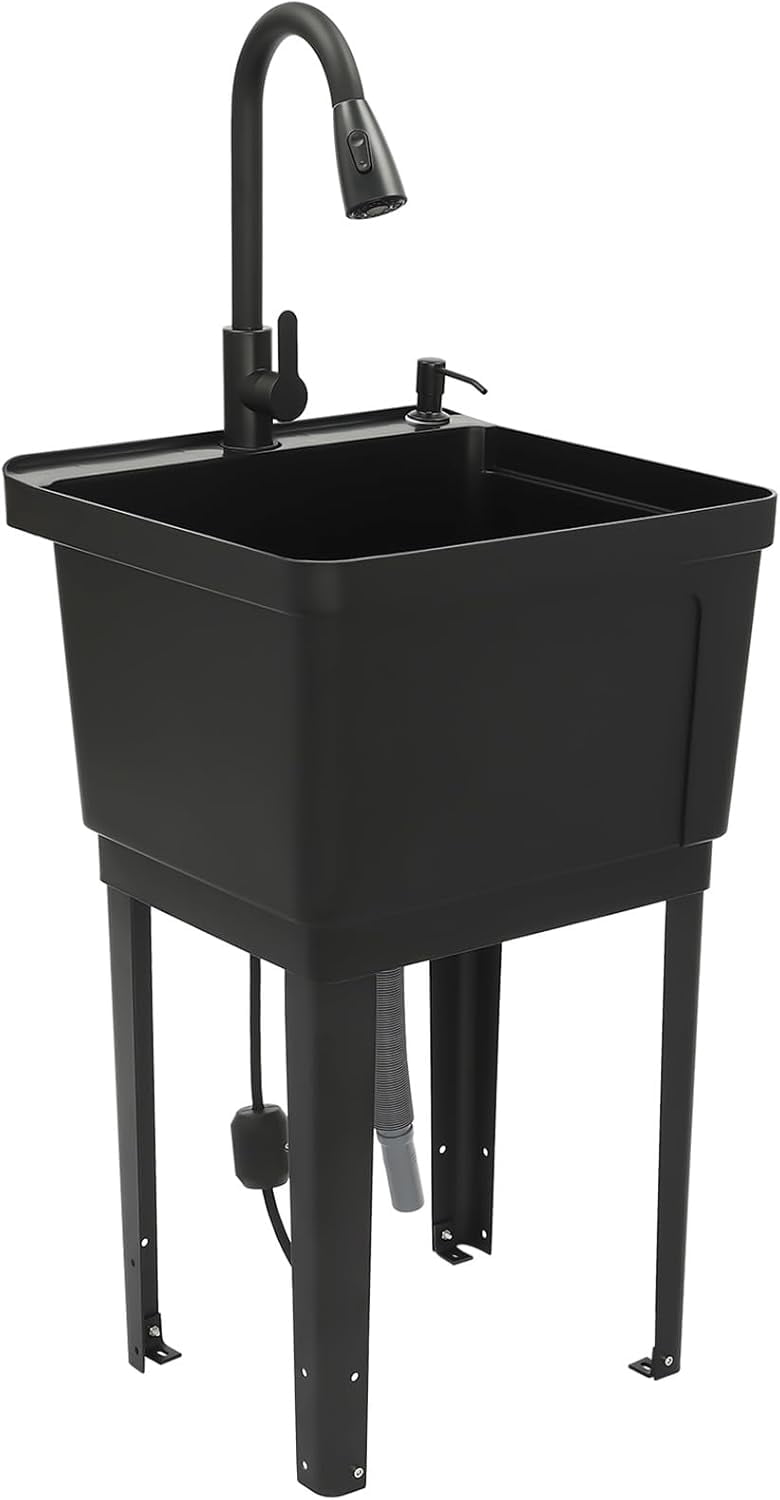 Freestanding Laundry Sink, 60L Black Utility Sink with Complete Accessory Kit, Standing Washing Basin for Garage Garden Laundry Room