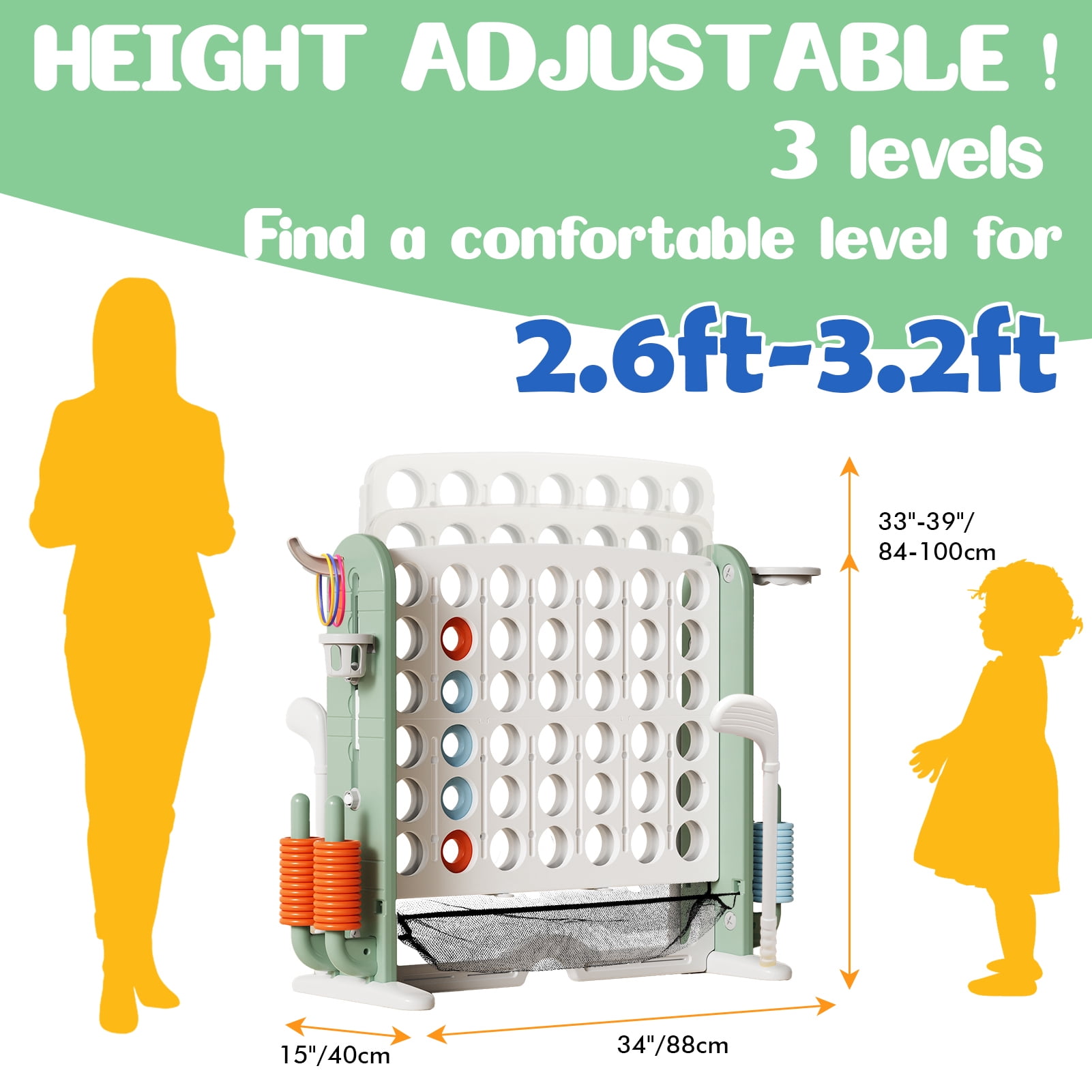 Wdmiya Jumbo 4-to-Score Giant Game Set, 4-in-a-Row Connect Game for Adults Kids Family Fun, Indoor Outdoor Adjustable Height Yard Family Game with w/ Golf Set, Basketball Hoop, Green White