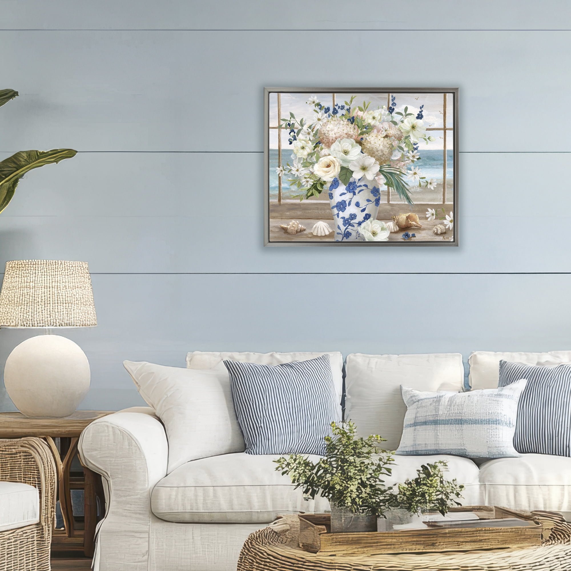 Stupell Industries Seashells & Flowers Windowsill Gray Framed Floater Canvas Wall Art, design by Nan
