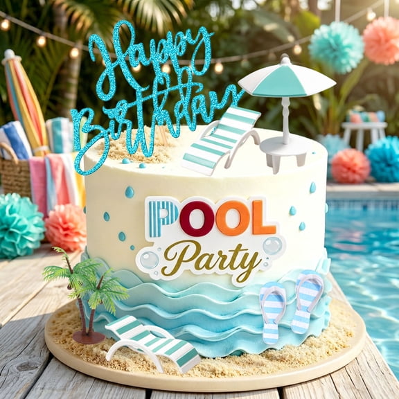 Summer Pool Party Birthday Cake Decorations Set - Beach Vacation Theme Party Supplies