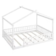 thumbnail image 3 of Full Size House Bed Frame with Fence for Kids, Wooden Floor Bed with Doorless Design, Decorative Canopy Bed Top, for Teens, Girls, Boys, White, 3 of 9