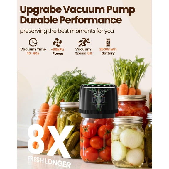 2026 Upgrade Electric Mason Jar Vacuum Sealer Kit - with Wide and Regular Mouth Mason Lids -80kpa Automatic Vacuum Pump 2500mAh Battery One Touch Canning Sealing Machine for Food Storage Black