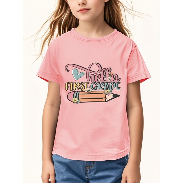 Camiseta de manga corta con cuello redondo para niña, diseño de flores y lápiz, de primavera-verano, cómoda y elástica.