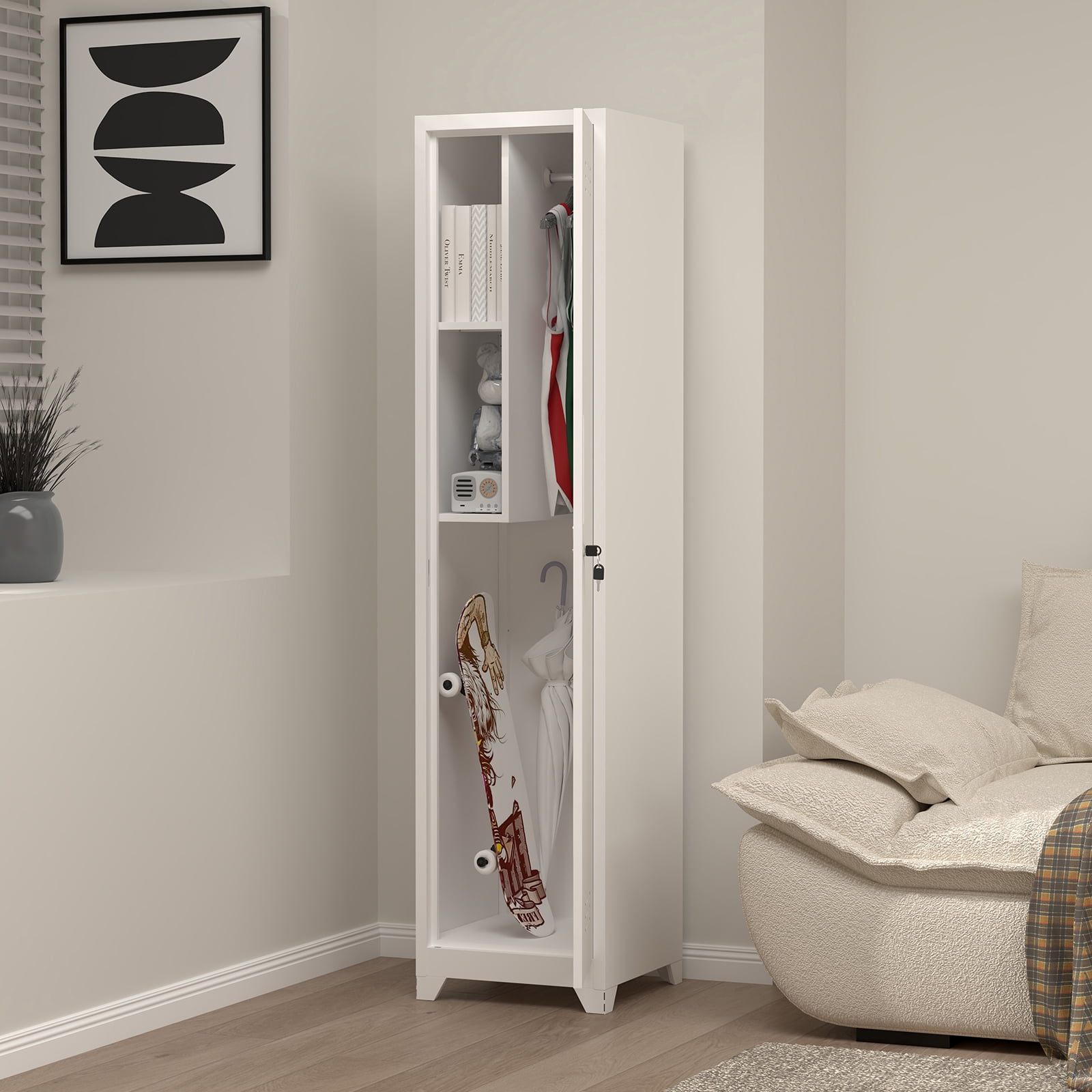 Marcree Slim Broom Storage Cabinet, Metal Cabinet with Shelves and Hanging Rod, 65" Utility Storage Cabinet with Locking Door, Tall Cleaning Storage Cabinet for Kitchen, Pantry, Office, Shop, Garage