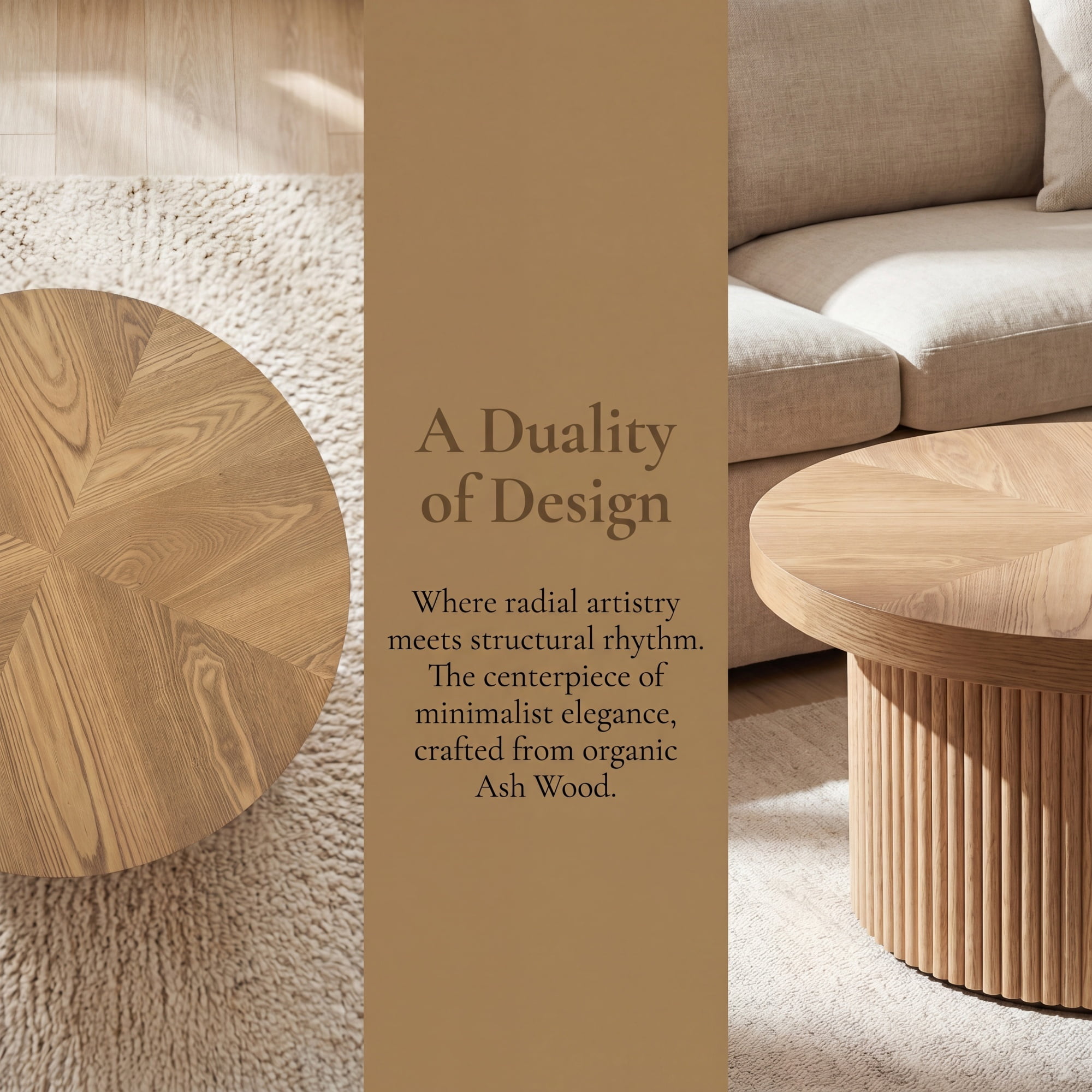33.46'' Round Coffee Table with Fluted Cylindrical Base, Ash Wood End Table with Thickened Tabletop, Modern Cocktail Table