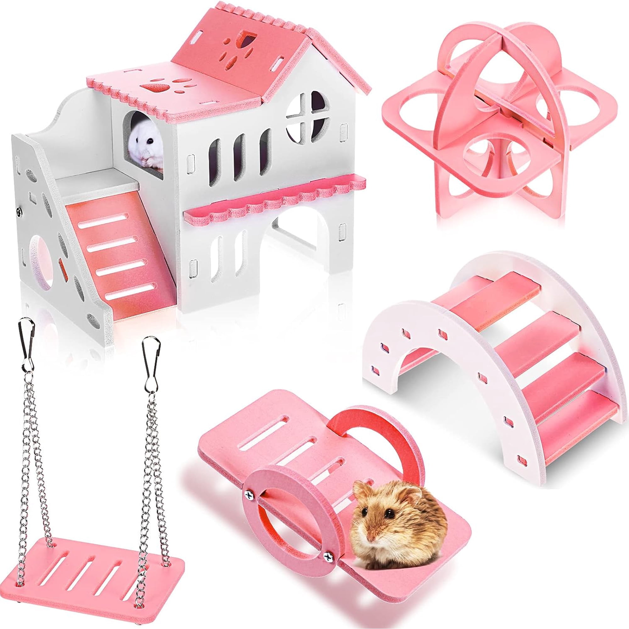 5 Pieces Hamster Toys Include Wooden Hamster House Guinea Pig Hideout Rainbow Bridge Hamster Seesaw Hamster Swing Hamster Exercise Circle Cage Toy for Small Animals (Pink,6.3 x 3.93 x 5.5 inch)