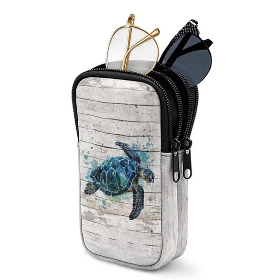 SEANATIVE Double Eyeglass Case with 2 Compartments Soft Lightweight Travel Glasses Case Neoprene Glasses Pouch Zipper Eyewear Storage Pouch for Women Men, Watercolor Sea Turtle Wood Grain