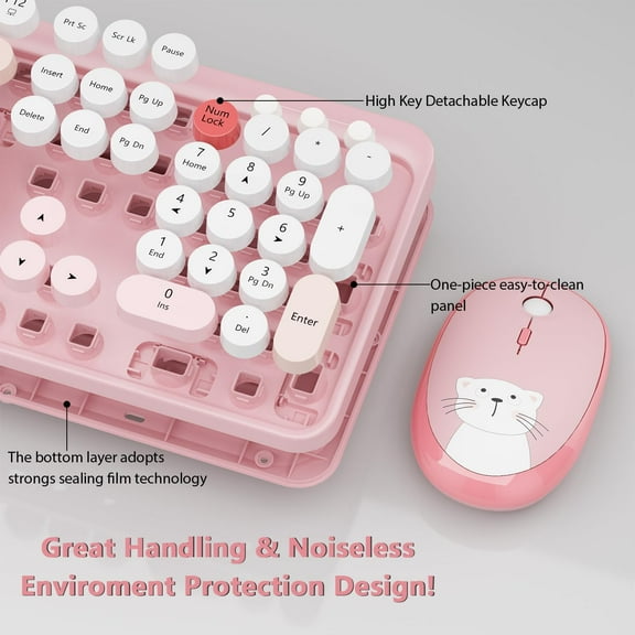 YUYAN-Wireless Keyboard,KOOTOP Cute Colorful 104 Keys Typewriter Retro Round Keycaps Keyboard for PC Laptop,Desktop,Windows, Home and Office Keyboards (Pink)