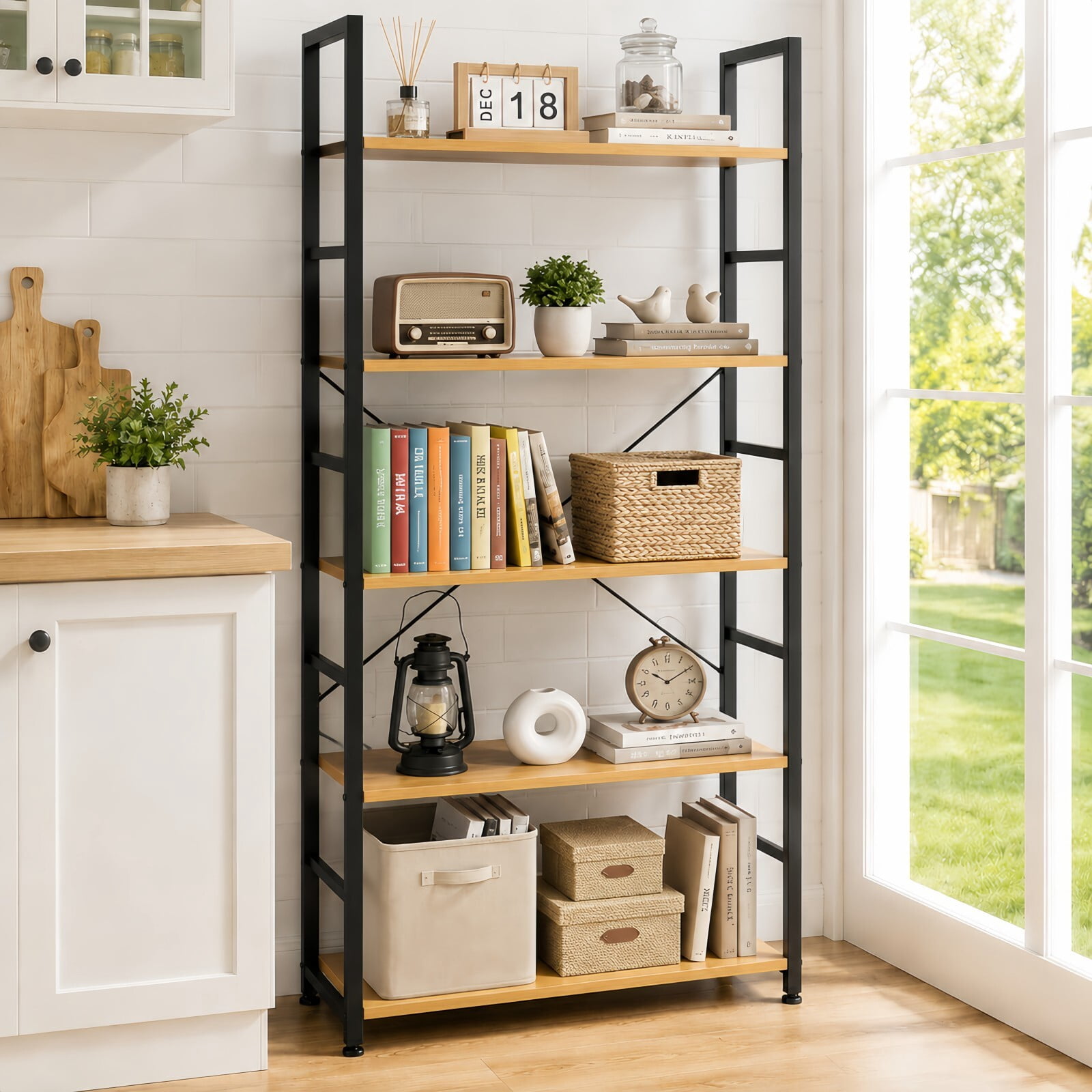 Kelno 5-Tier Bookshelf 62"x24" Industrial Storage Shelf Free Standing Bookcase Metal Frame Bookcase with Open Storage Shelves,Light Oak