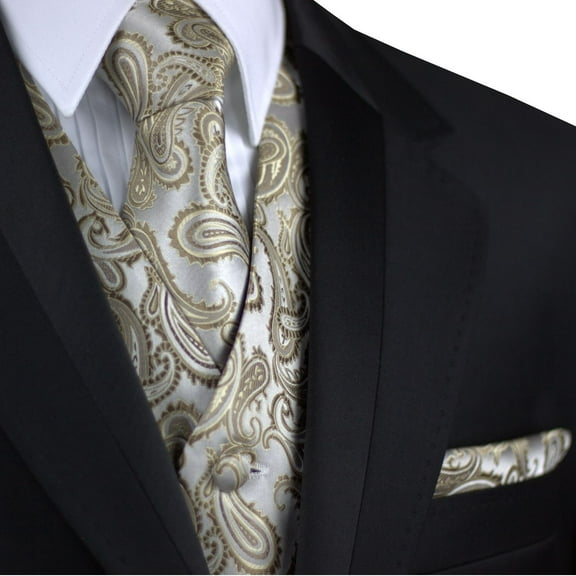 "BEST TUXEDO" Men's Formal, Wedding, Prom, Homecoming, Tuxedo Vest, Tie & Hankie Set in Dark Champagne Paisley