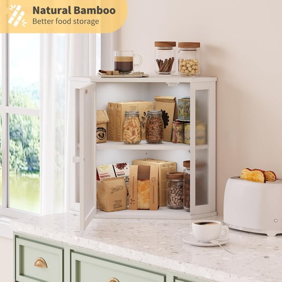 Corner Bread Box for Kitchen Countertop, Bread Storage for Homemade Bread, Double Layer Large Bamboo Kitchen Storage Bin with Window (White, Large)