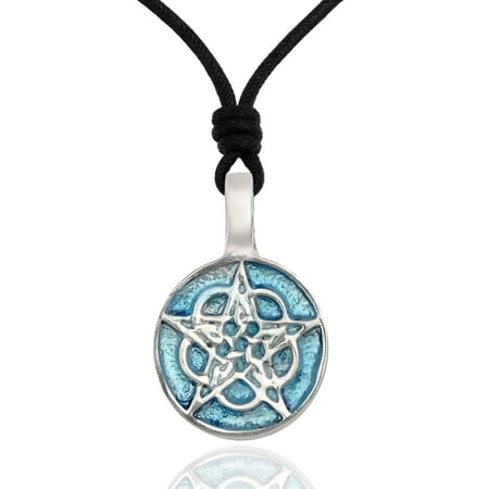 Baby Blue Pentagram Gothic Wicca Silver Pewter Charm Necklace Pendant Jewelry With Cotton Cord
