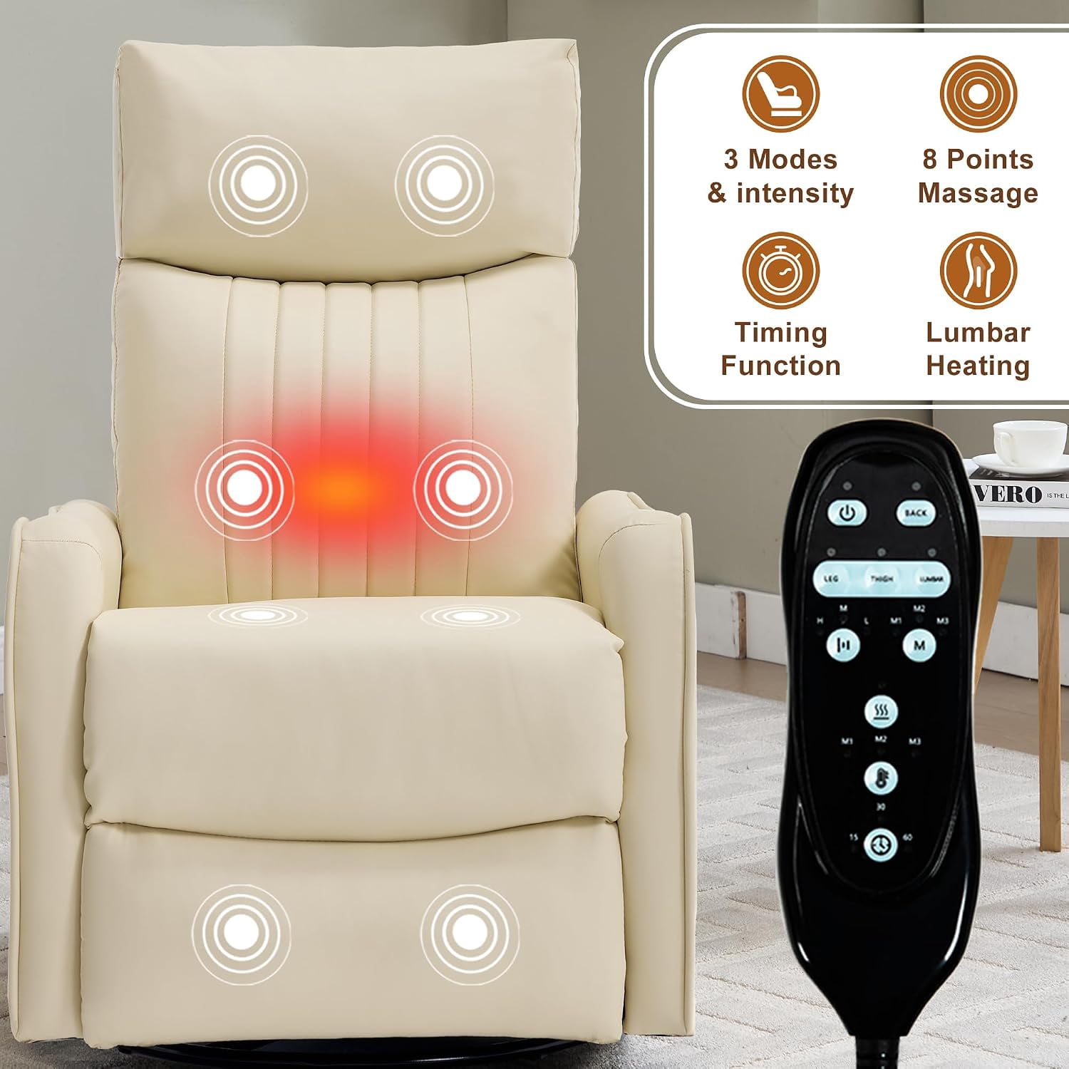 High Back Manual Recliner Chair with Heat & Massage, Swivel Rocker for Living Room Bedroom, Beige
