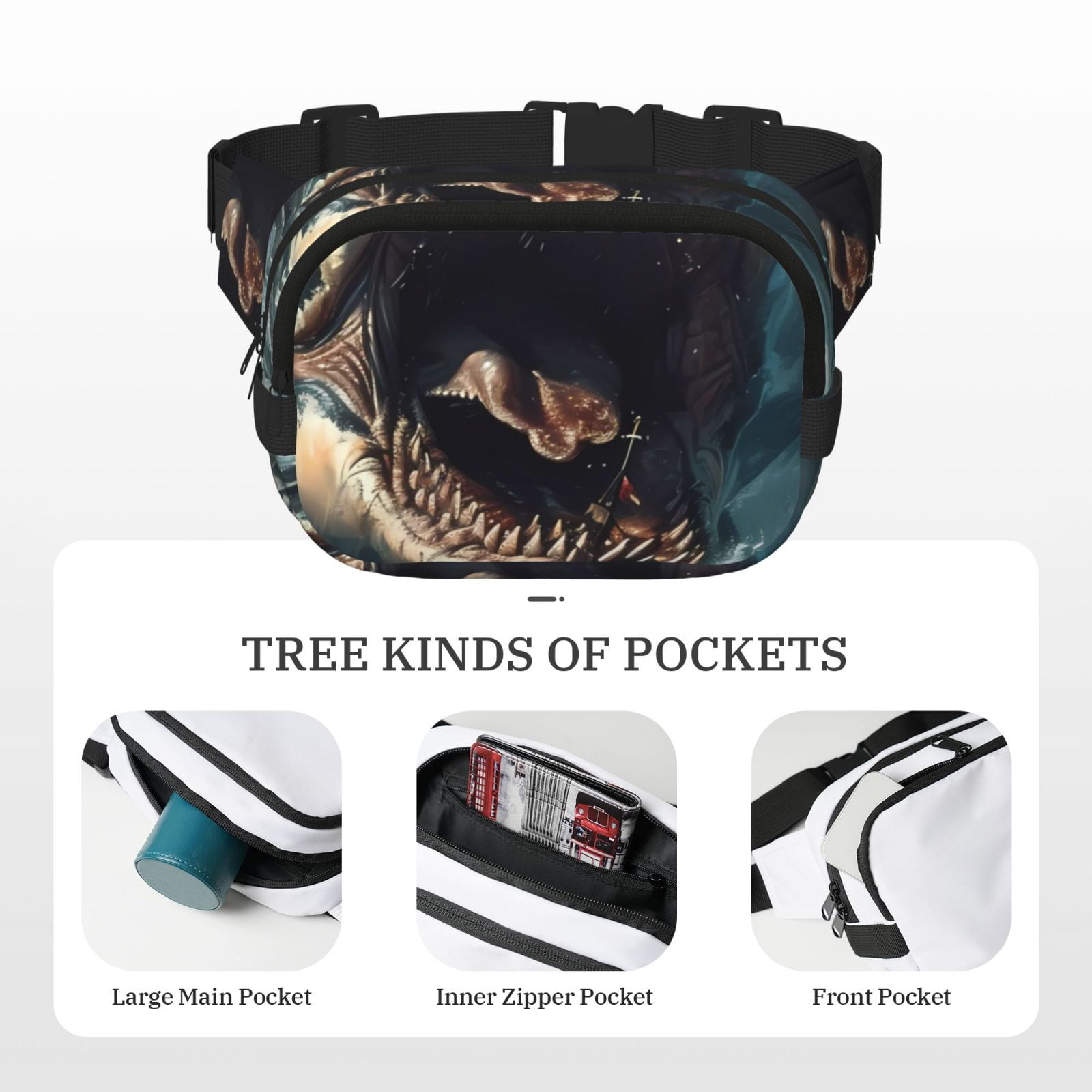 Picia Wave Sailboat Shark Print Square Double-Layer Waist Bag Mini Adjustable Waist Belt Bag Exercise Running Travel Hiking