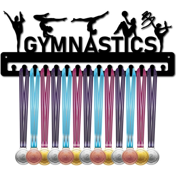 Gymnastics Medal Holder Hanger Medal Rack Organizer Metal Shelf Medal Holder Stand Frame Hanging Wall Mounted with 20 Hooks for Athletes Gold Silver Bronze Race Black 15.7x6Inch