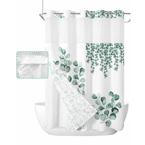 No Hook Shower Curtain with Snap in Liner, Green Eucalyptus Leaves Fallen Eucalyptus Leaves Branch Texture Shower Curtains for Bathroom, Washable Inner Liner with Mesh Top Window, 48"x72"