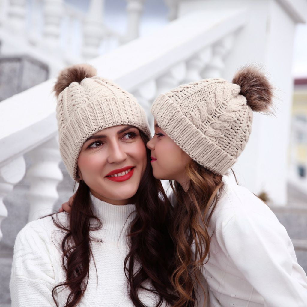 2018 Girls Women Fitted Winter Warm Wool Apparel Hat With Large Fur Pompon Cap 