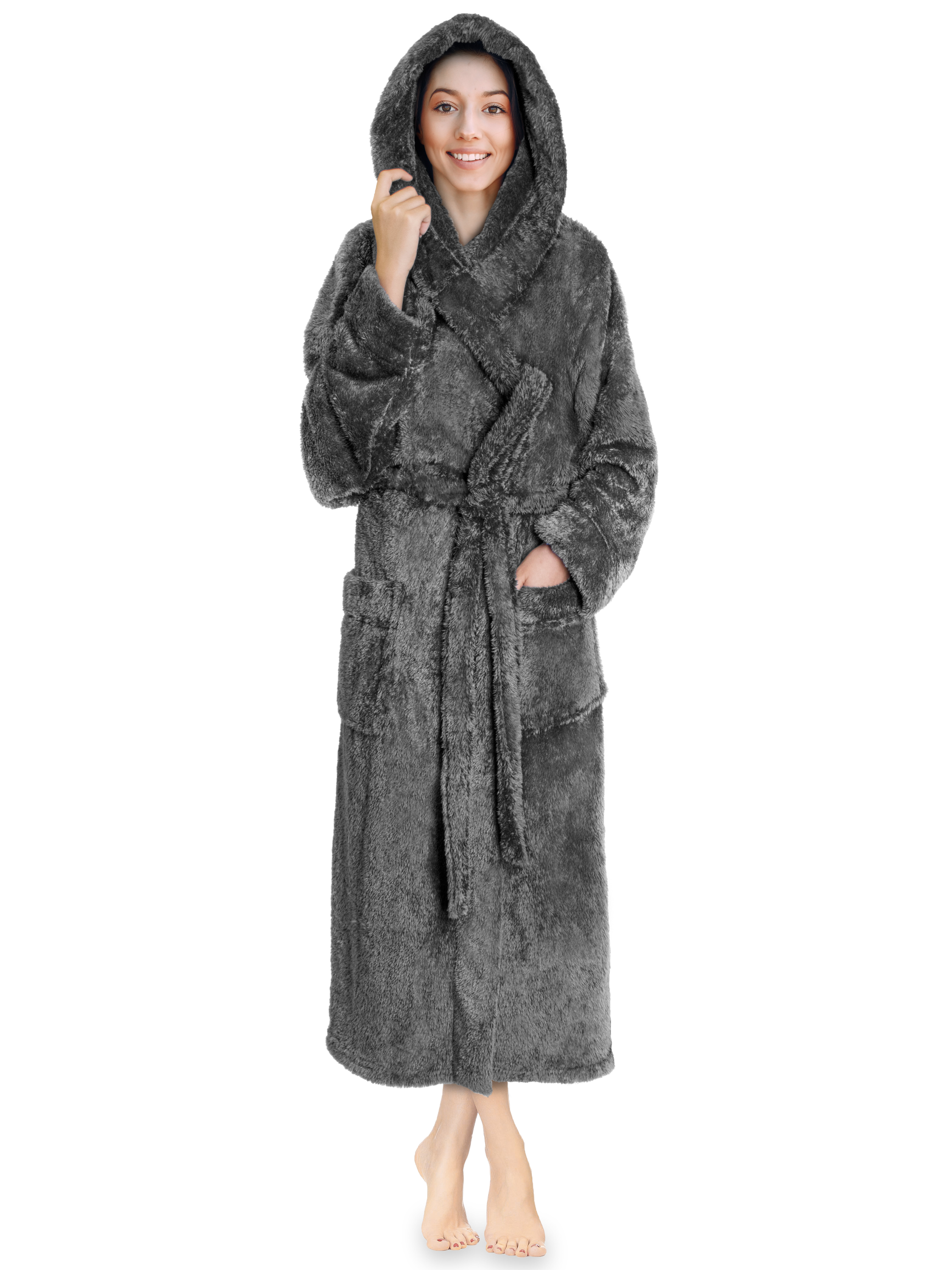 Girls Grey Robe Super Soft Sherpa Hooded Dressing Gown Kids Bathrobe Housecoat 