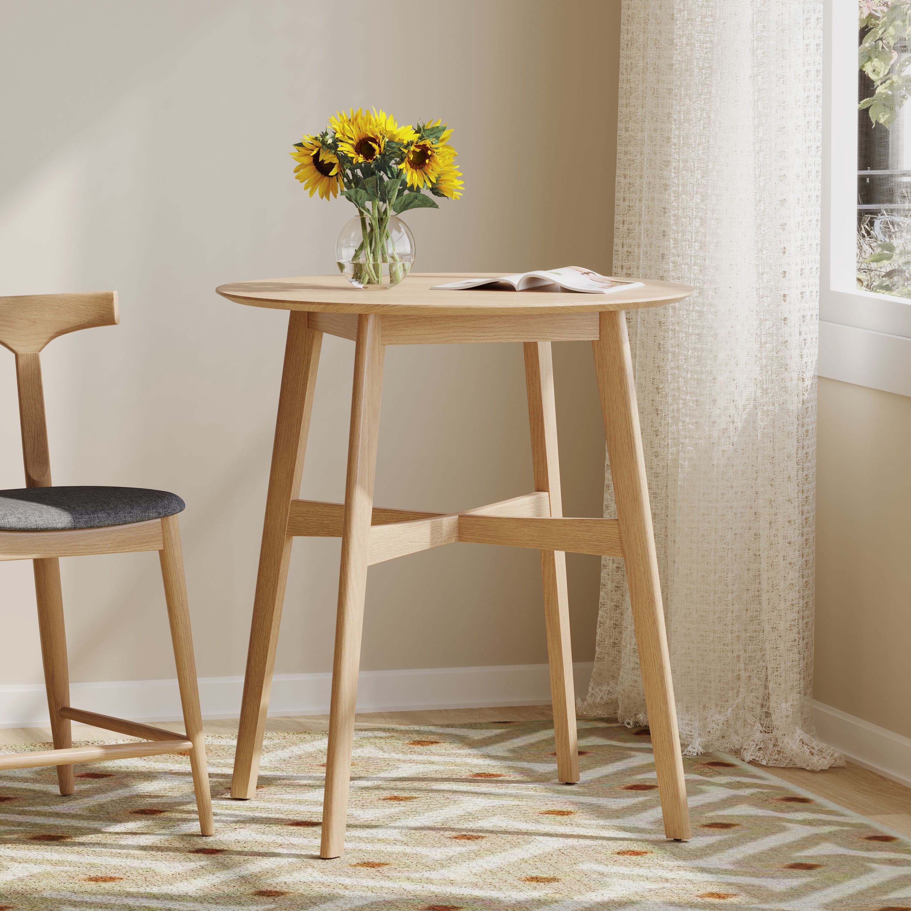 Round Counter Height Dining Table 35.4 Inch, Natural Oak Finish Bar Table for Kitchen Dining Room