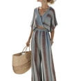 thumbnail image 2 of Mifsaly Vacation Outfits for Women 2 Piece Set Striped Short Sleeve V Neck Wrap Crop Top and Flowy Wide Leg Pants Loose Casual Boho Beach Clothes with Pockets Black,L, 2 of 7