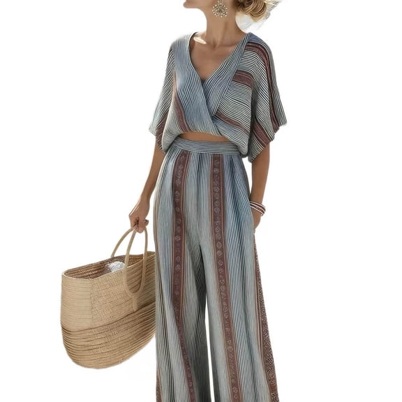 Iyufng Womens Two Piece Sets Striped Boho-Style Wrap Front Crop Top and Wide Leg Pants Casual Summer Outfits