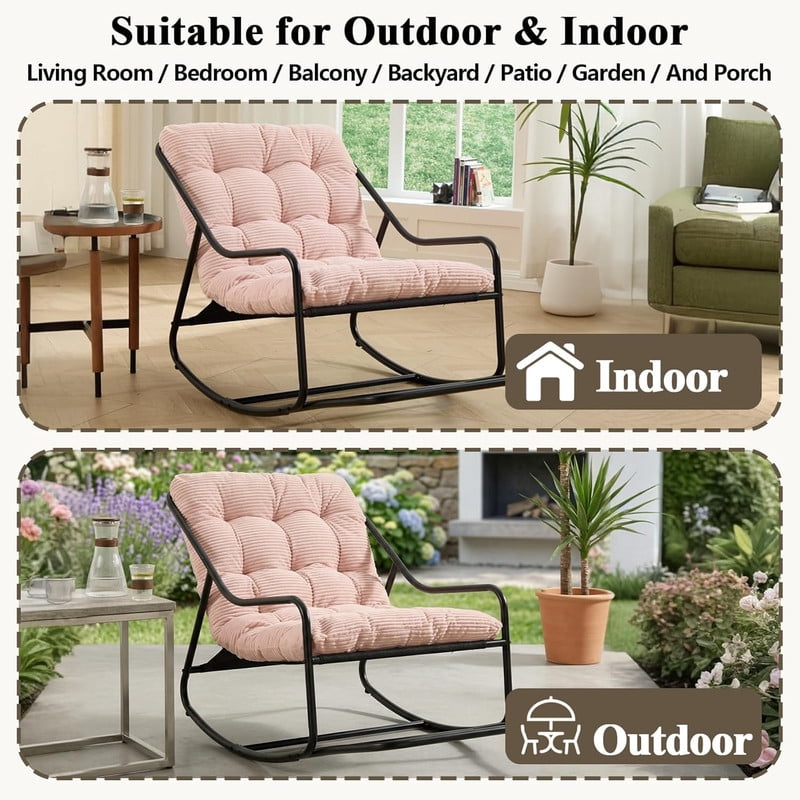 Outdoor Rocking Chair, Papasan Rocking Chair with Metal Frame, Comfy Rocker Lounge Chair for Living Room Porch Patio Garden