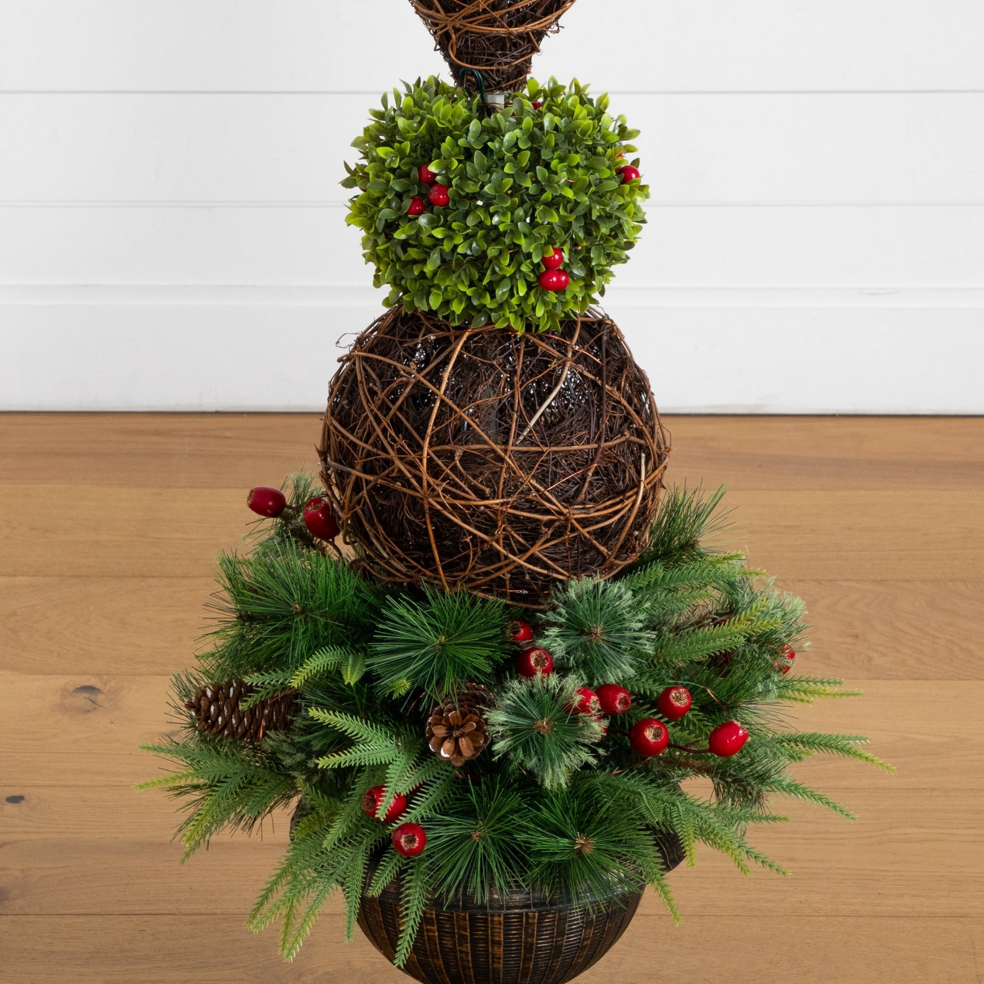 3ft. Pre-Lit Artificial Finial Boxwood Ornament Mixed Pine Topiary Christmas Tree with 70 LED Lights in Decorative Urn