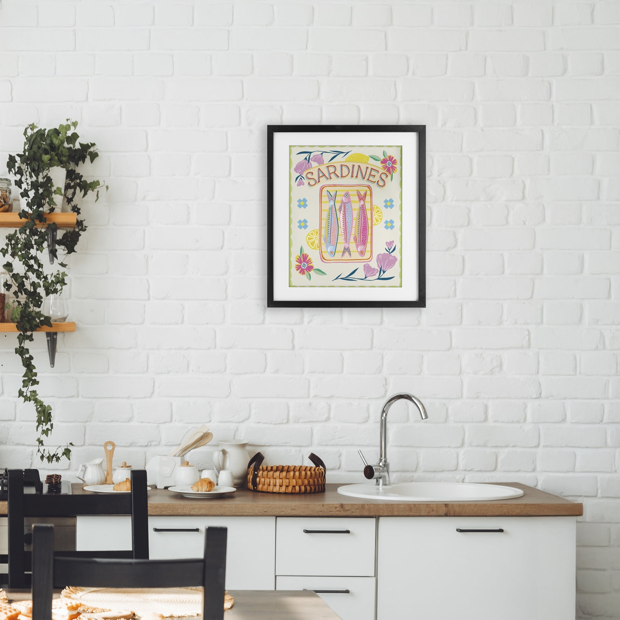 Stupell Industries Pastel Sardines & Flowers Black Framed Print Under Glass, design by Jo Reid